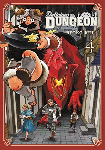 Delicious in Dungeon, Vol. 4" cover: adventurers, a dragon, and cooked monster parts.