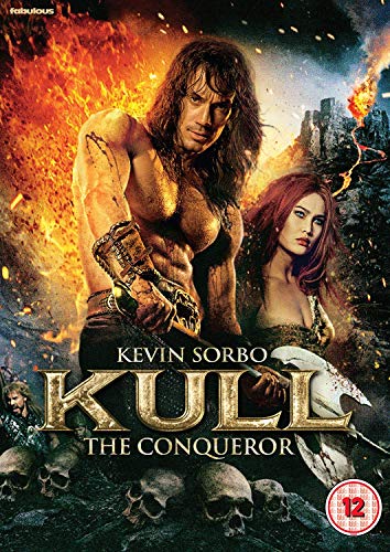 "Kull The Conqueror" DVD cover featuring a muscular man and a woman amidst flames.