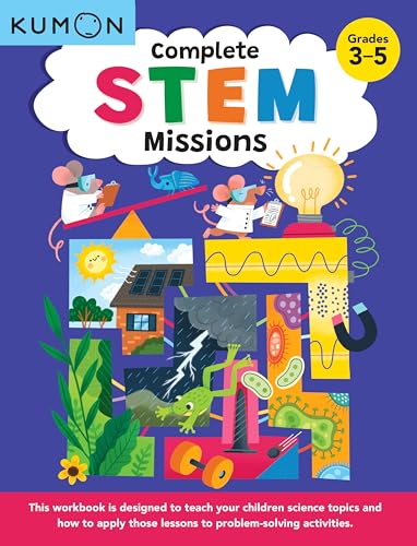 Kumon STEM Missions workbook cover, grades 3-5, with illustrated science scenes.