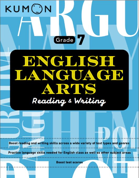 Kumon English Language Arts Grade 7 textbook cover with blue and black design.