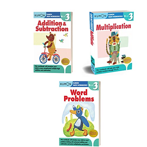 Three Kumon Grade 3 math workbooks: Addition, Multiplication, and Word Problems.