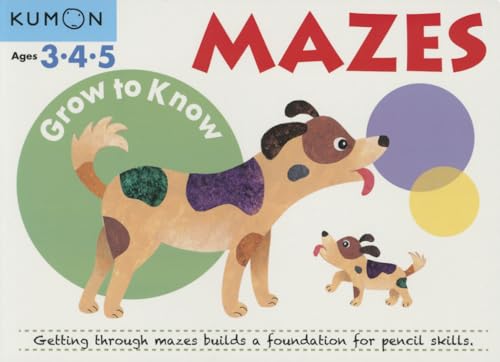 Kumon "Grow-To-Know: Mazes" workbook cover with a cartoon dog and colorful shapes.