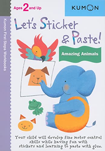 Kumon sticker and paste activity book featuring colorful animal illustrations.