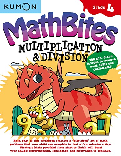 Kumon Math Bites Grade 4 workbook cover with a cartoon dragon.