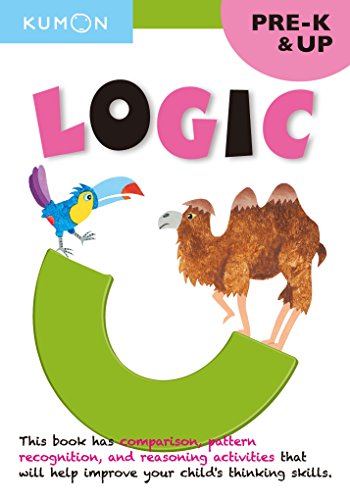 "Cover of 'Logic' workbook featuring a parrot and three ostriches on a green 'C' shape."