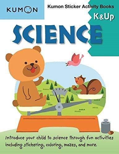 "Kumon Science Sticker Activity Book cover featuring a cartoon bear and forest scene."