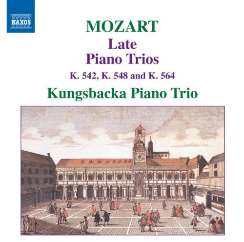 CD cover with Mozart's "Late Piano Trios" and a courtyard scene illustration.