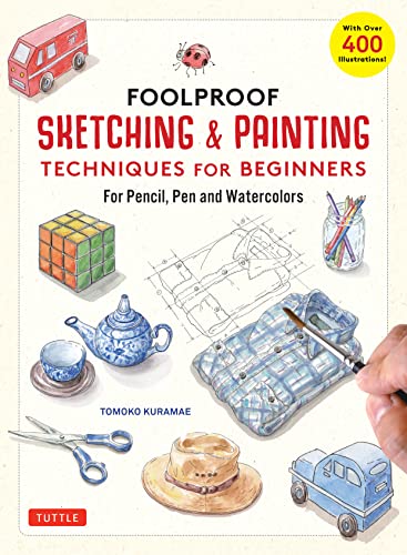 Book cover with sketches of objects, tools, and painting hand.