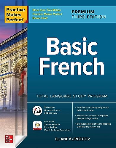 Blue and white “Basic French” textbook with an image of the Arc de Triomphe.