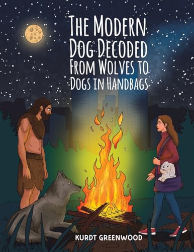Book cover showing a prehistoric man with a wolf and a modern woman with a dog.
