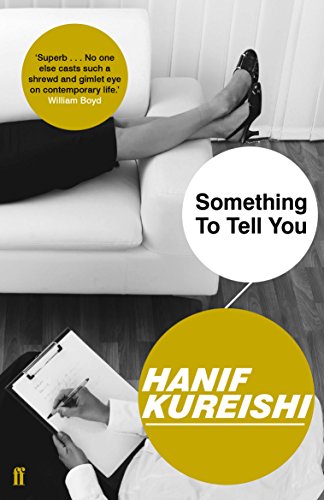 Book cover: legs on couch, writing, bold text "Something To Tell You.