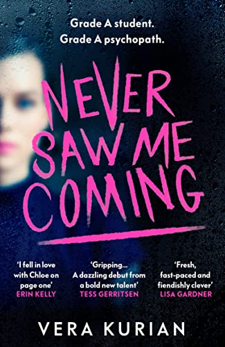 Book cover: “Never Saw Me Coming” with a young woman’s face.