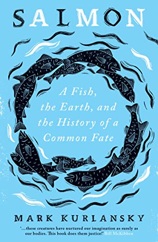 Book cover: "Salmon" with circular illustration of swimming fish.