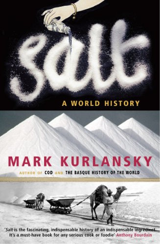 Book cover with "salt" written in salt, mountains, and a man with a camel.