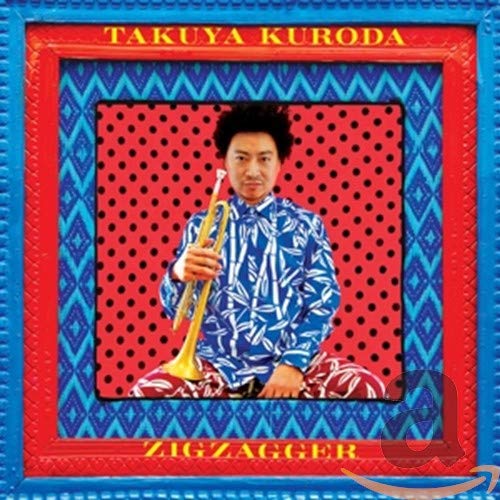 Takuya Kuroda portrait with trumpet, patterned background, and album title “Zigzagger”.