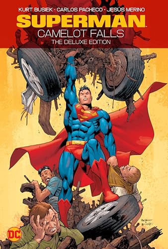 Superman holds wreckage aloft, saving people below, book cover art.