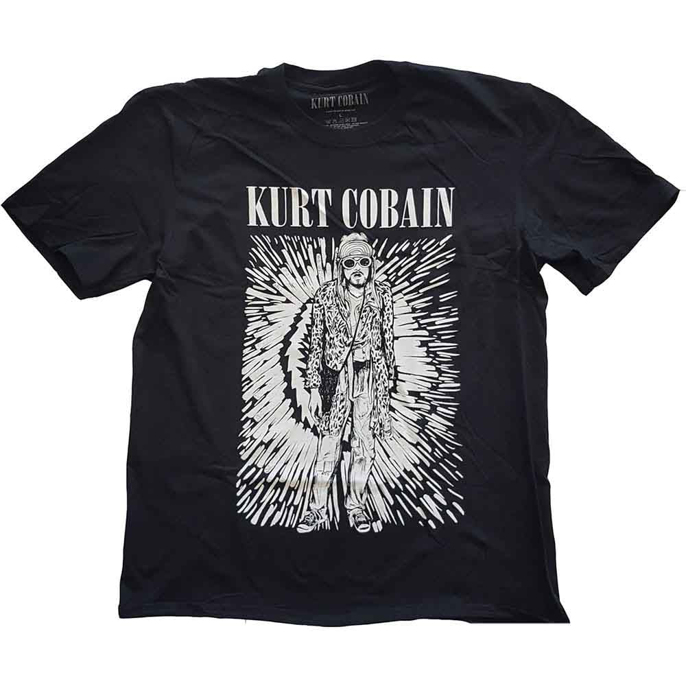 A man wearing a black t-shirt with a white Kurt Cobain graphic print.