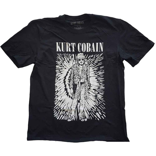 A man wearing a black t-shirt with a white Kurt Cobain graphic print.