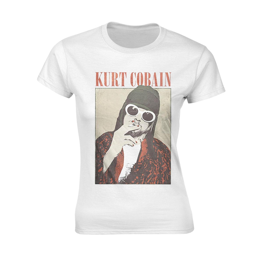 White women’s t-shirt with Kurt Cobain portrait and cigarette graphic.