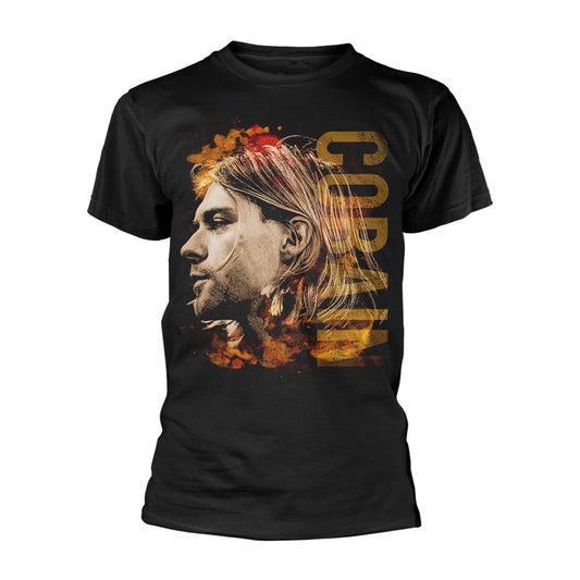 Black t-shirt featuring a side profile portrait of Kurt Cobain with orange watercolor accents.