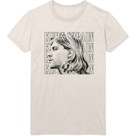 Beige t-shirt with black and white Kurt Cobain portrait graphic.