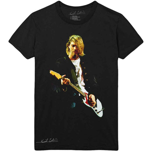 Black t-shirt featuring a color photo of Kurt Cobain playing an electric guitar.