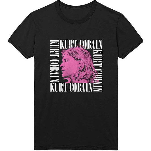 Black t-shirt with a pink and white framed portrait of Kurt Cobain.
