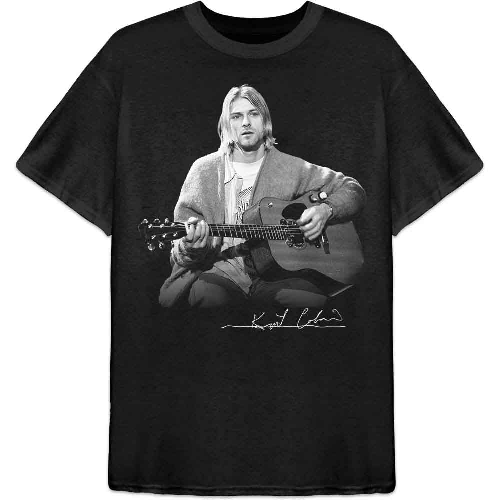 Black t-shirt featuring a black and white photo of Kurt Cobain playing acoustic guitar.