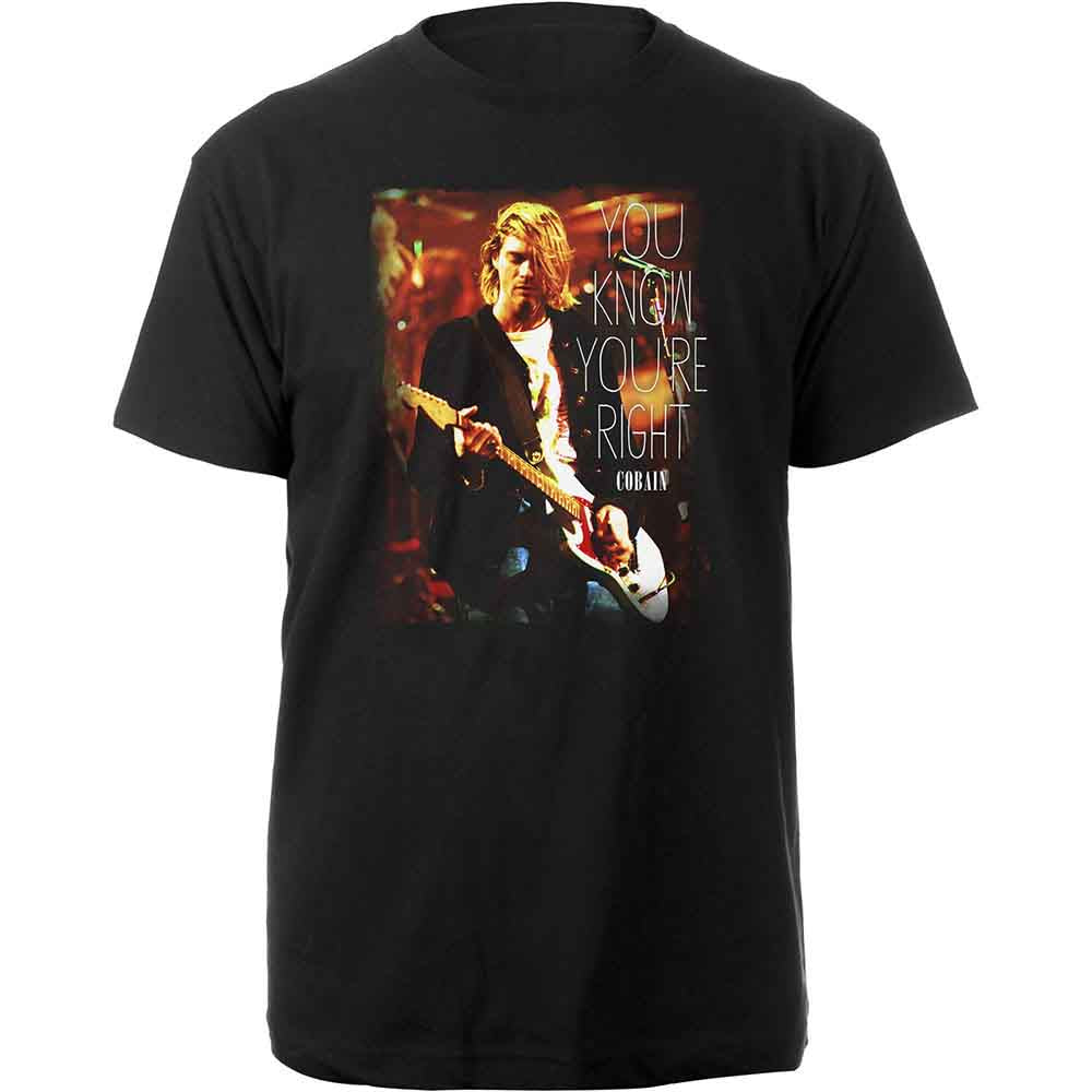 A man wearing a black t-shirt featuring a photo of Kurt Cobain playing guitar.