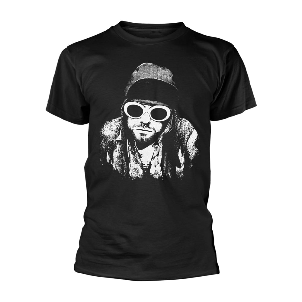 Black t-shirt with a white graphic portrait of Kurt Cobain.