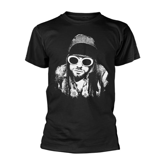 Black t-shirt with a white graphic portrait of Kurt Cobain.