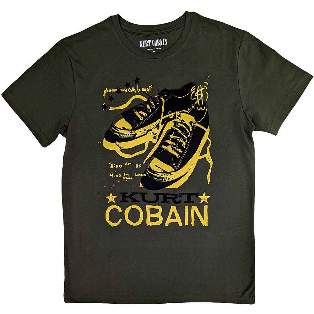 Black unisex t-shirt featuring a graphic print of Kurt Cobain wearing Converse sneakers.
