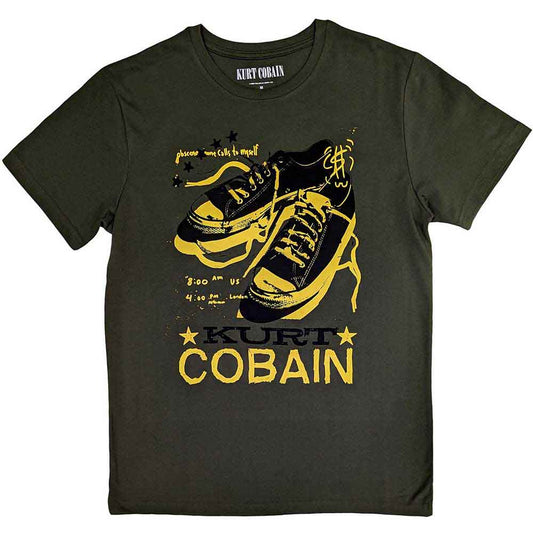 Black unisex t-shirt featuring a graphic print of Kurt Cobain wearing Converse sneakers.