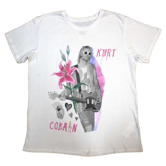 Black t-shirt featuring a floral graphic honoring musician Kurt Cobain, size X-Large.