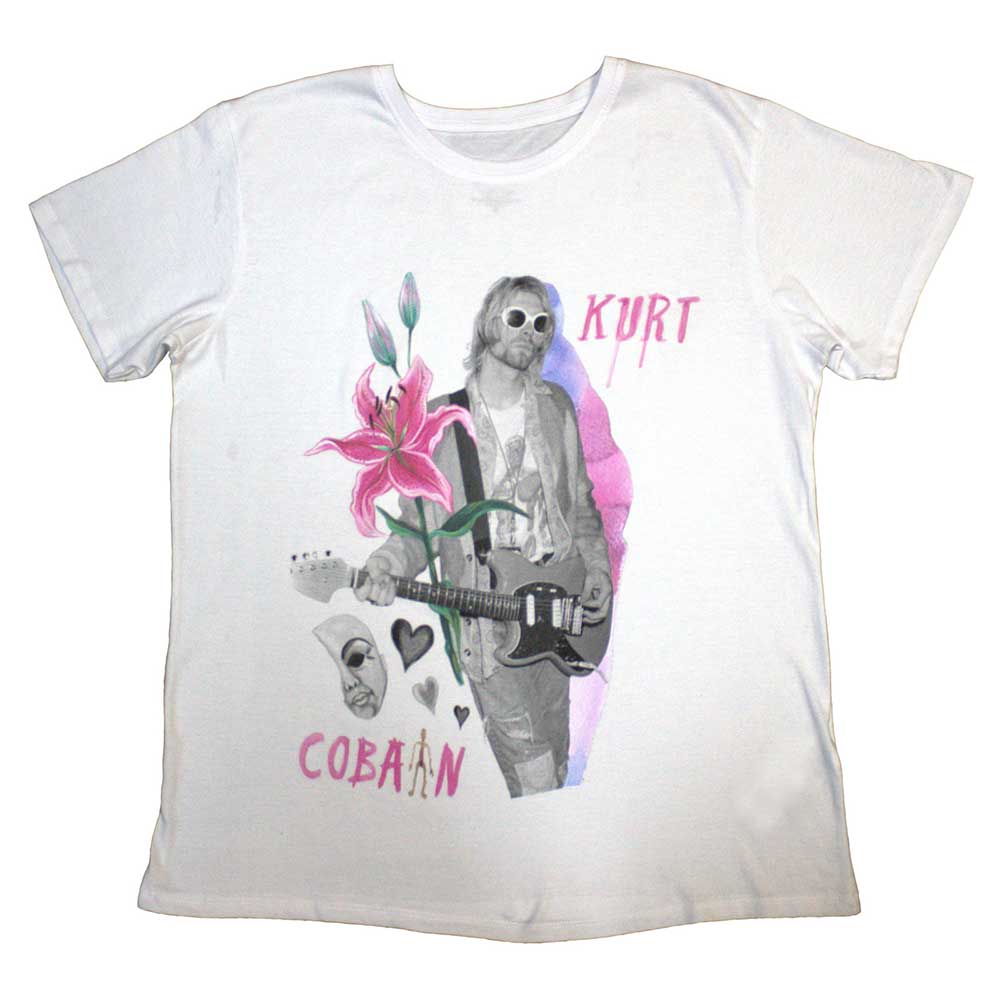 Black t-shirt featuring a floral graphic honoring musician Kurt Cobain, size X-Large.