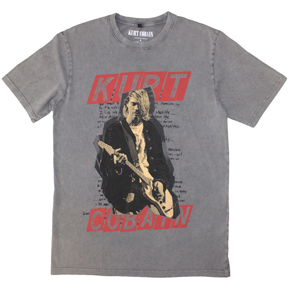 Washed grey t-shirt featuring a collage of Kurt Cobain images, size X-Large.