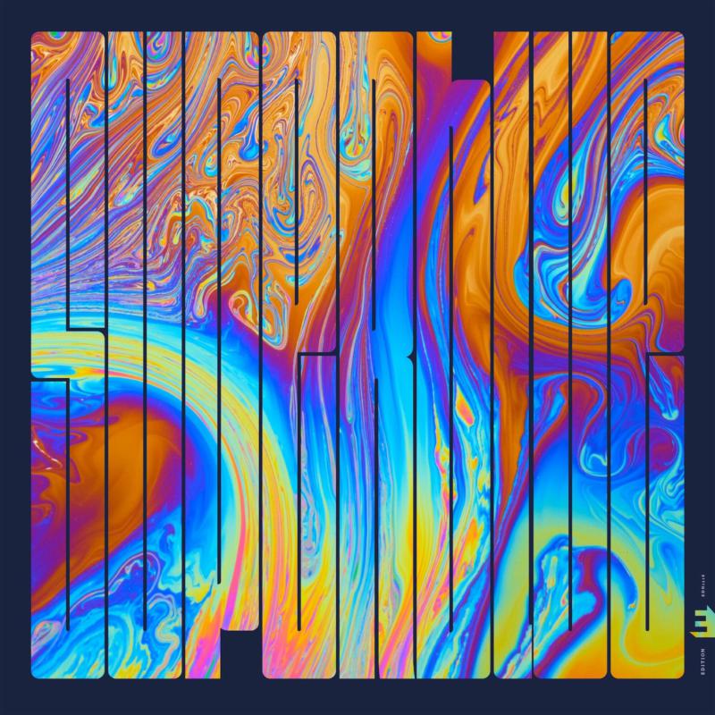 Abstract album cover with vibrant, swirling blues, oranges, and yellows.