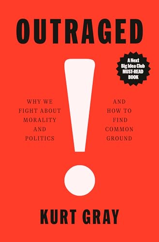 Red book cover with large black text "OUTRAGED" and a white exclamation point.