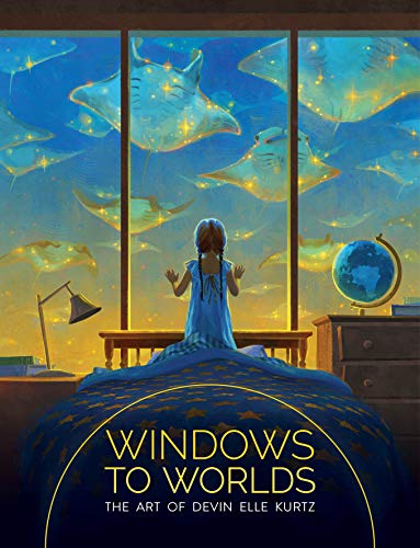 Girl views swimming manta rays through large windows, art book cover.