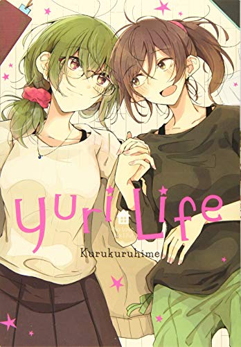 Two young women with long hair hold hands, manga cover, “Yuri Life.”