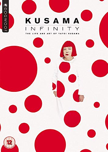 Yayoi Kusama with red hair wearing a polka-dot dress on a white dotted background.