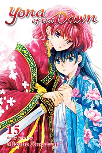 Manga cover featuring Yona with red hair holding a sword behind a blue-haired girl.