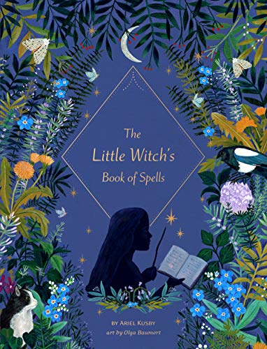 Book cover with a silhouette of a girl reading under floral and lunar designs.