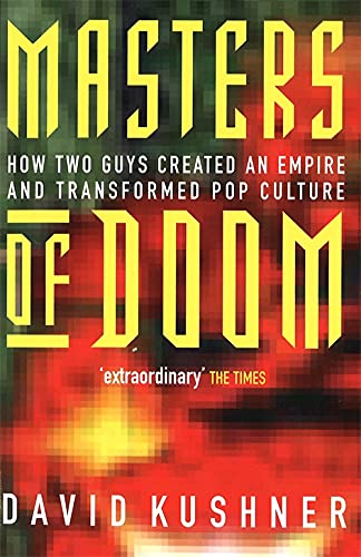 Book cover for Masters of Doom by David Kushner with yellow text on pixelated background.