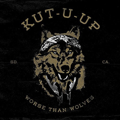 A wolf wearing a bandana and headphones, with text reading Kut-U-Up Worse Than Wolves.