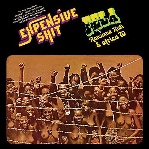 Vinyl record cover for Fela Kuti’s “Expensive Shit” with crowd illustration.
