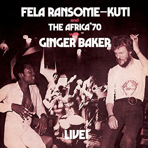 Fela Kuti and Ginger Baker on album cover, live performance scene.