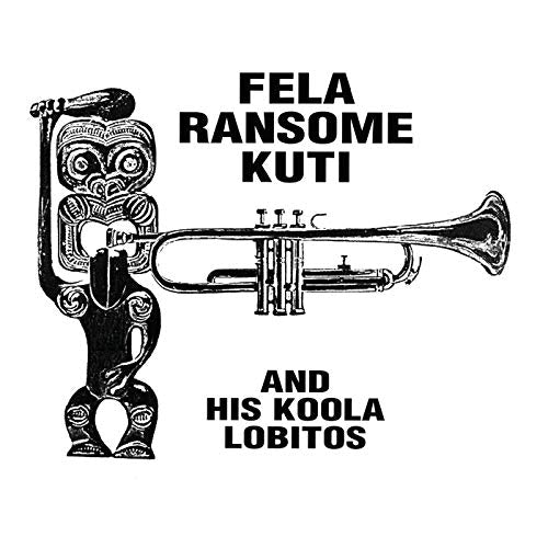 Black and white album cover featuring a carved figure holding a trumpet.