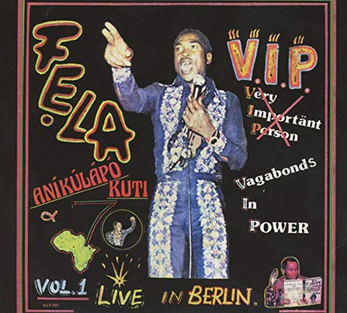 Fela Kuti album cover: a man in a blue suit pointing, with bold text.