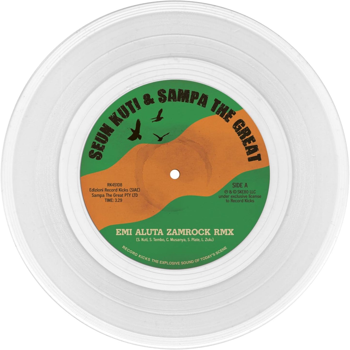 A clear vinyl record label with green and orange sections, featuring text and birds.